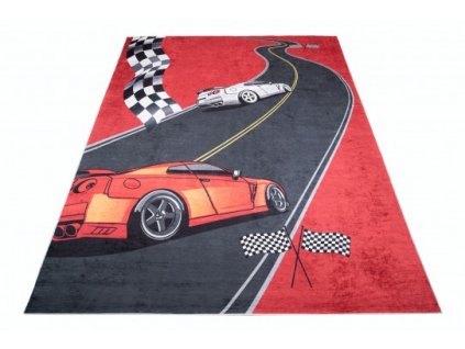 Dětský kusový koberec vhodný k praní BAMBINO 2739 Závodní dráha Závodní auto protiskluzový červený šedý