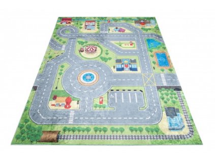 Dětský kusový koberec vhodný k praní BAMBINO 9028 Uličky Město protiskluzový zelený
