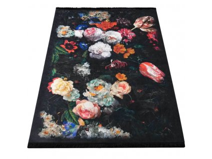 Moderní kusový koberec protiskluzový Horeca New 119 Květy černý1