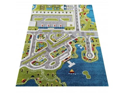 Dětský kusový koberec Uličky Color Kids 01 Město Moře zelený modrý1