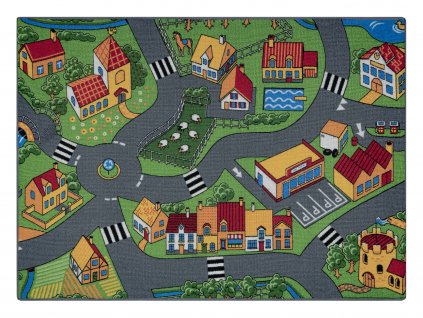 Dětský kusový koberec REBEL ROADS Village life 90 Vesnice cesty protiskluzový šedý zelený