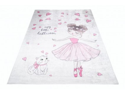 Dětský kusový koberec vhodný k praní BAMBINO 2701 Princezna Kočička pogumovaný krémový růžový
