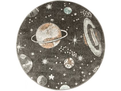 Kulatý dětský koberec Lima C288A Planety Vesmír šedý