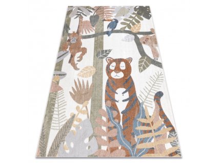 Dětský kusový koberec BONO 8426 Džungle Tygr Opice Tukan pratelný krémový tmavě zlatý