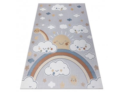 Dětský kusový koberec BONO 8437 Mráčky Duha Nebe Sluníčko pratelný šedý krémový