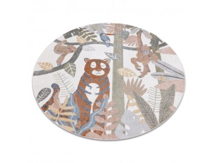 Kulatý dětský koberec BONO 8426 Džungle Tygr Opice Tukan pratelný krémový tmavě zlatý