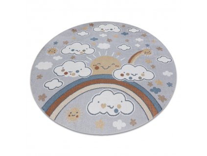Kulatý dětský koberec BONO 8437 Mráčky Duha Nebe Sluníčko pratelný šedý krémový