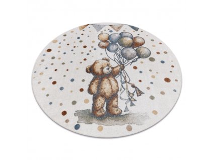 Kulatý dětský koberec BONO 9614 Medvídek Balónky krémový světle šedý