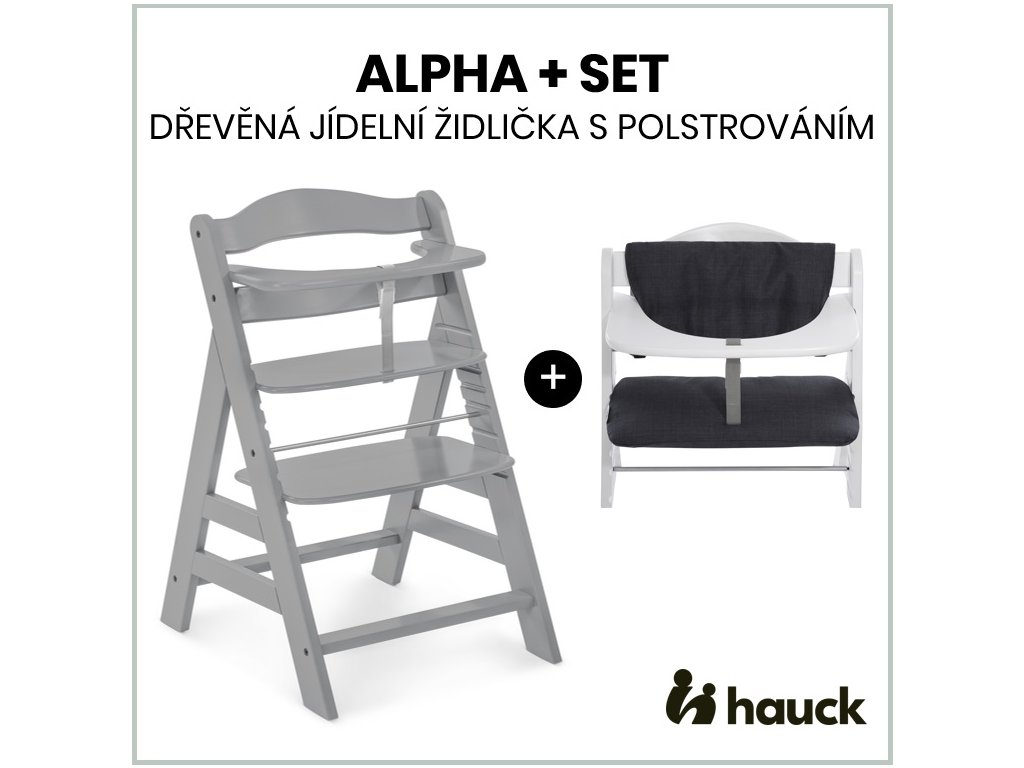 Hauck Alpha+ set 2v1 dřevěná židle, grey + polstrování Melange charcoal ...