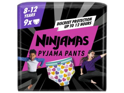 PAMPERS Kalhotky plenkové Ninjamas Pyjama Pants Srdíčka, 9 ks, 8 let, 27kg-43kg