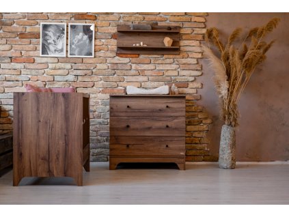 tří zásuvková komoda do dětského pokoje Faktum Nest Walnut v odstínu tmavého ořechu, Tlakově ovládané zásuvky bez úchytek s moderním systémem otevírání push-open