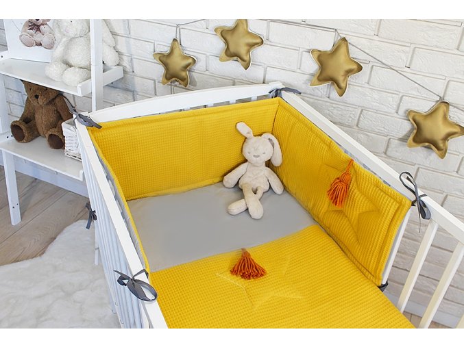 Baby Nellys 3 dílná sada Mantinel s povlečením vafelek hořčicová