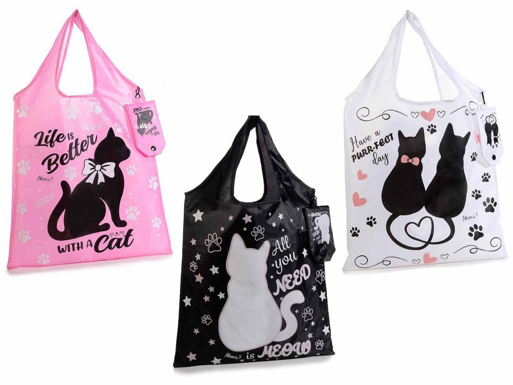 skládací taška nákupní šopovka kočka s kočkou kočičí s kočkami černá bílá růžová