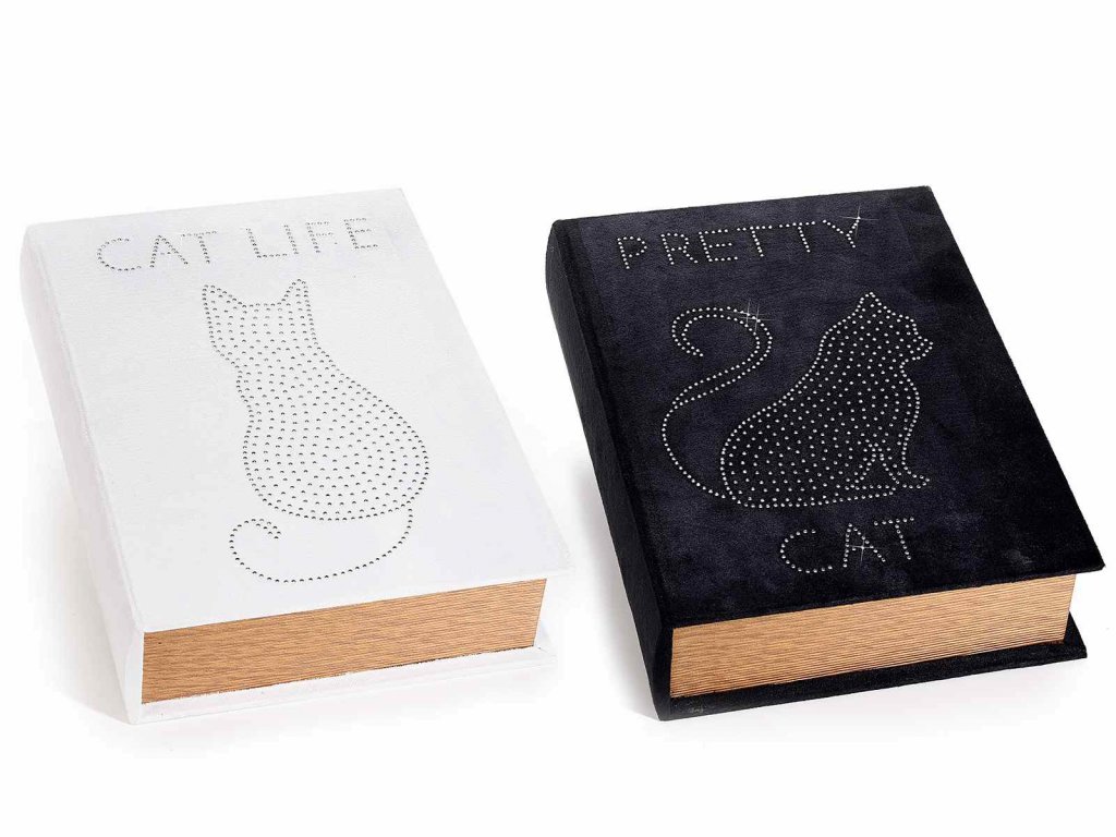 TIP: Sametová kniha / krabička s kočkou - černá, bílá | Kočičí paní