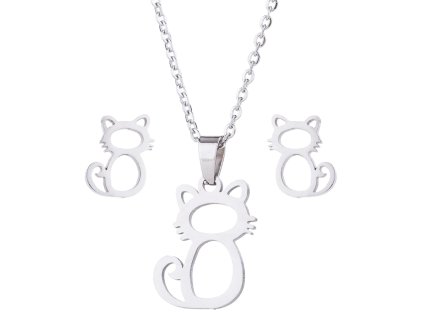 set kočka náušnice řetízek stříbrné