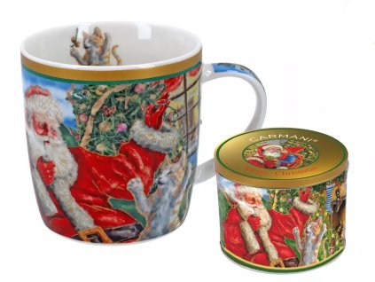 hrnek porcelán kočka s kočkou kočičí Santa Claus plechová krabička