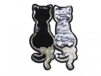 nášivkla flitry flitrová kočka s kočkou kočičí černá stříbrná 2