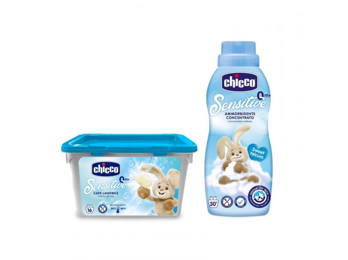 CHICCO Kapsuly pracie gélové Sensitive 16 ks + Aviváž konc. Sladký Púder 750 ml