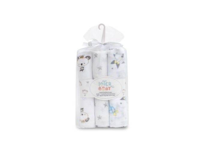 Interbaby Bavlnené plienky Zvieratká 80x80cm 3ks - Bielo/sivá