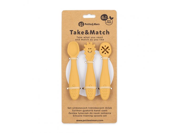 PETITE&MARS Set 3 ks silikónových tréningových lyžičiek Take&Match Intense Ochre 6m+