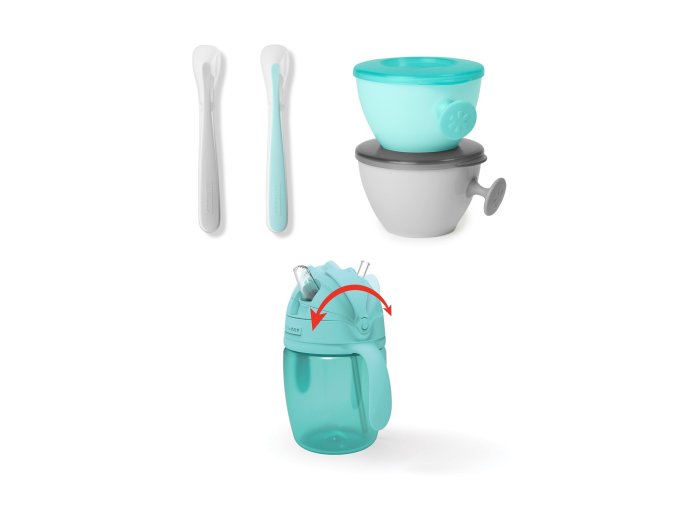 SKIP HOP Set jedálenský s hrnčekom 5 ks Easy-Feed Mealtime Set Teal/Grey 6m+