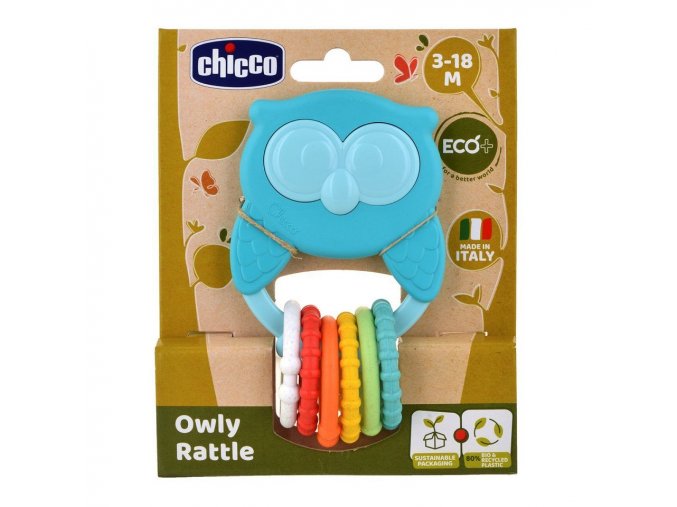 CHICCO Hryzačka s hrkálkou so senzorickými krúžkami Eco+ Sova Owly 3m+