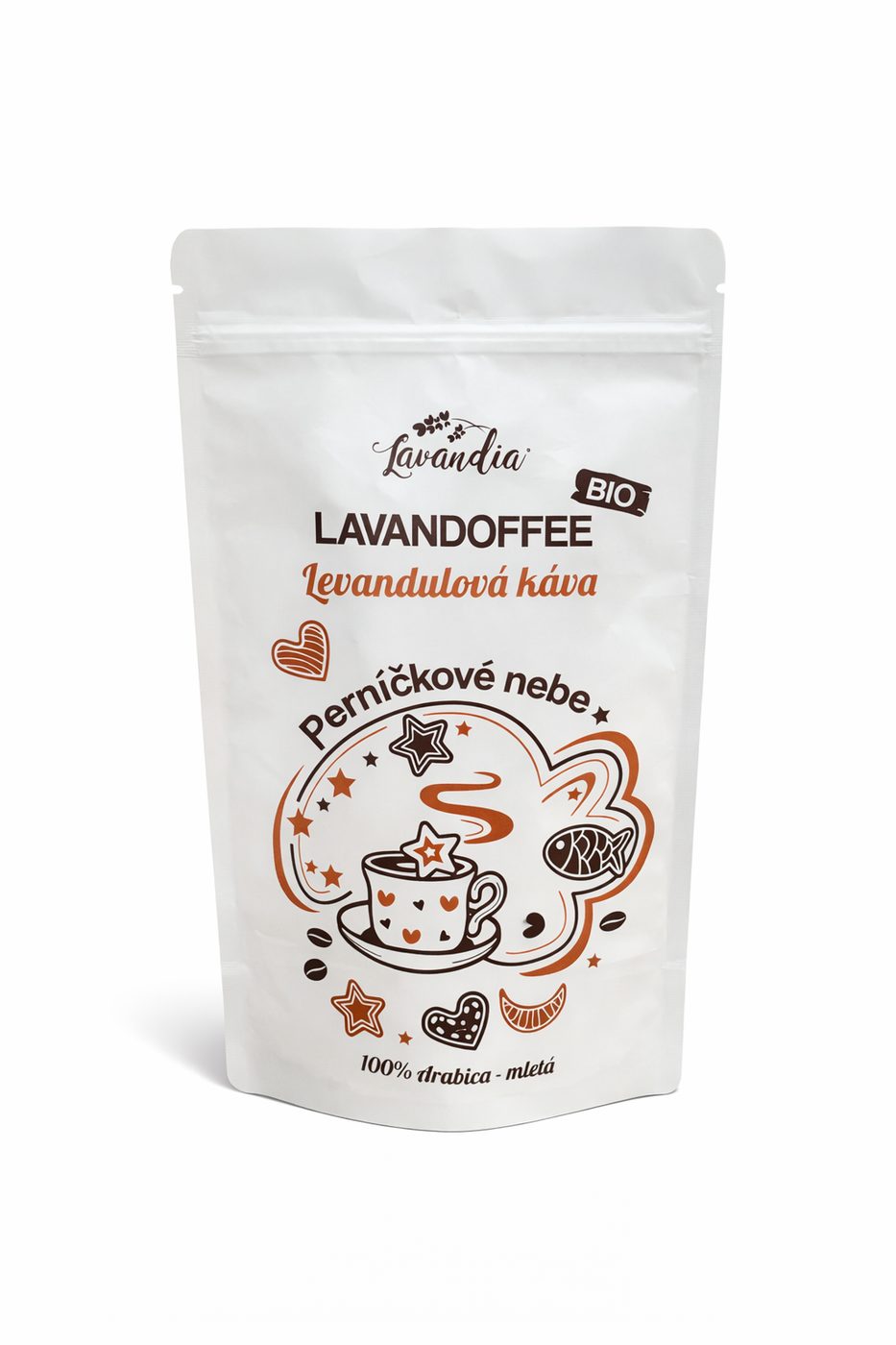 Bílý obal Lavandoffee s ilustrací