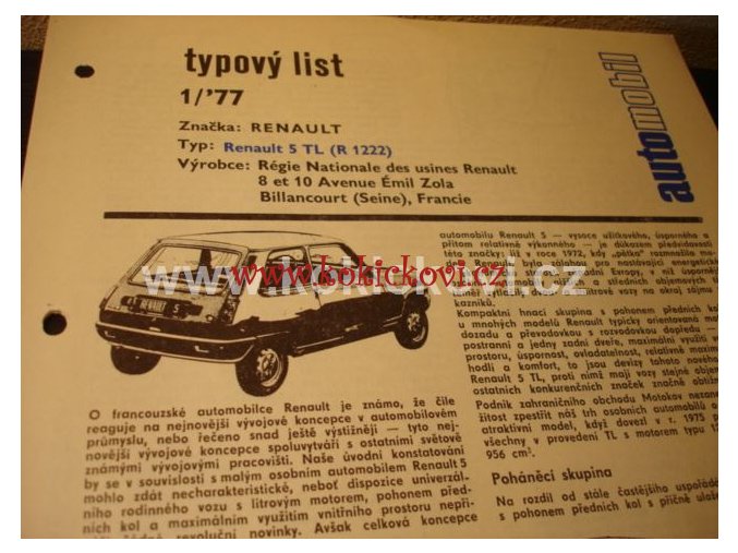 RENAULT 5 TL TYPOVÝ LIST