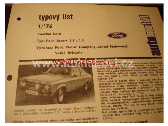 FORD ESCORT 1.1 A 1.3 TYPOVÝ LIST