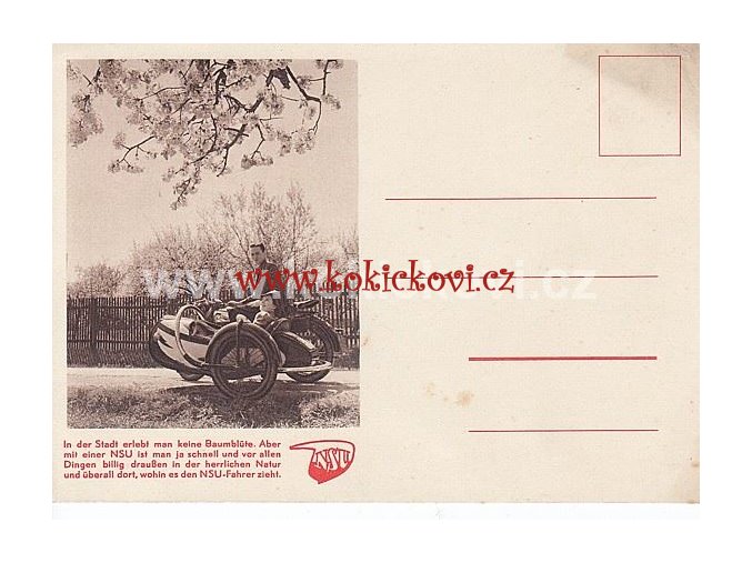 SIDECAR NSU REKLAMNÍ HLUBOTISK POHLEDNICE NEPROŠLÁ