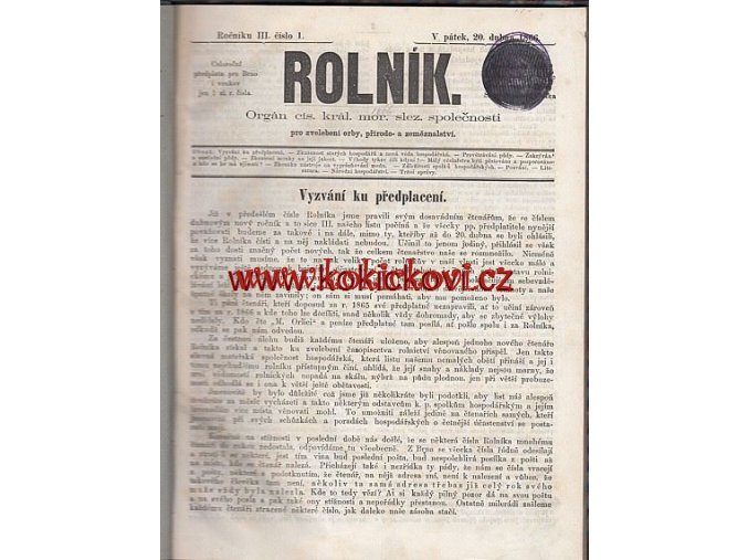 ČASOPIS ROLNÍK ROČNÍK 3 Z ROKU 1866