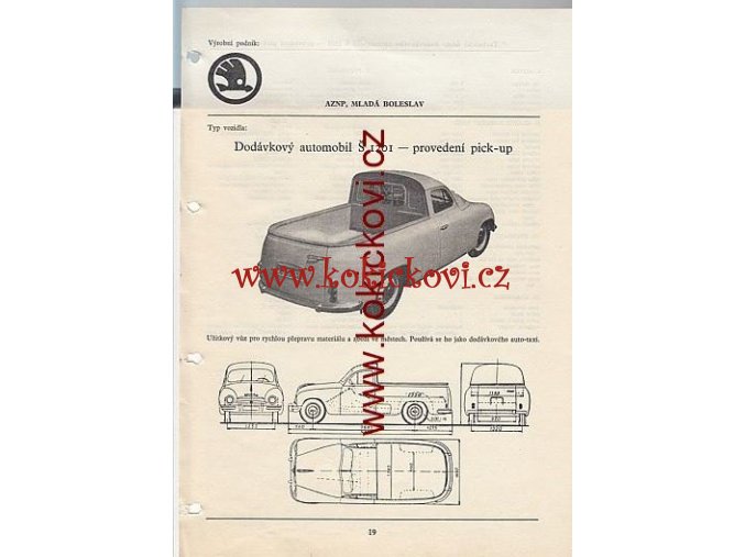 ŠKODA 1201 DODÁVKOVÝ AUTOMOBIL PICK UP KATALOGOVÝ LIST A4