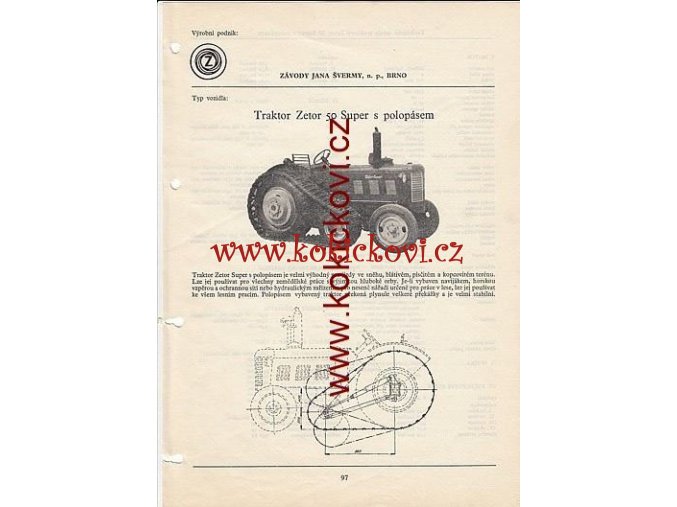 TRAKTOR ZETOR 50 SUPER S POLOPÁSEM - KATALOGOVÝ LIST A4