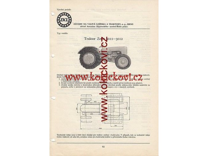 TRAKTOR ZETOR 3011-3012 REKLAMNÍ KATALOGOVÝ LIST A4 TECHNICKÁ DATA