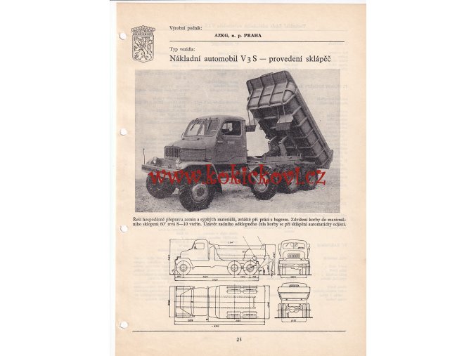 NÁKLADNÍ AUTOMOBIL PRAGA V 3 S SKLÁPĚČ  - KATALOGOVÝ LIST ZE 60. LET