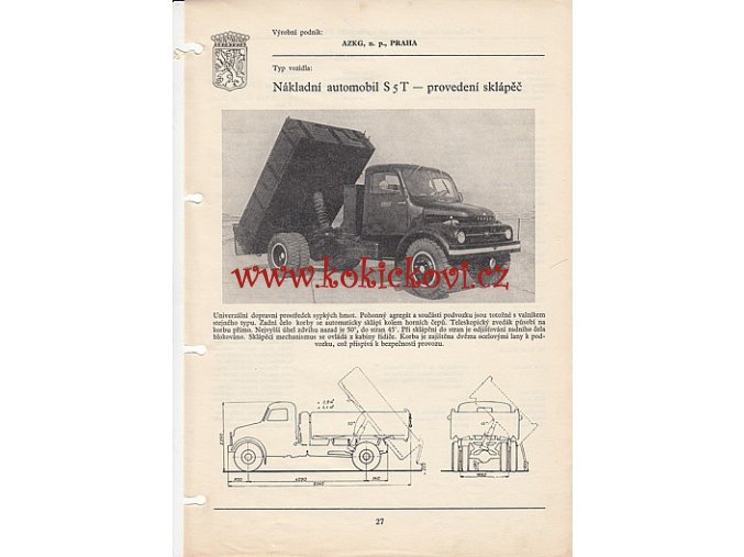 NÁKLADNÍ AUTOMOBIL PRAGA S 5 T SKLÁPĚČ  - KATALOGOVÝ LIST ZE 60. LET
