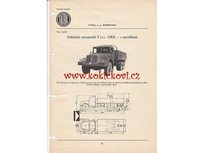 NÁKLADNÍ AUTOMOBIL TATRA 111 - NRE S NAVIJÁKEM KATALOGOVÝ LIST ZE 60. LET