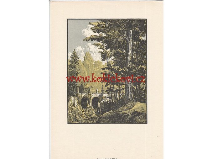 MOST NA HRADĚ VLADŠTÝN KAREL VIK BAREVNÝ DŘEVORYT 1954