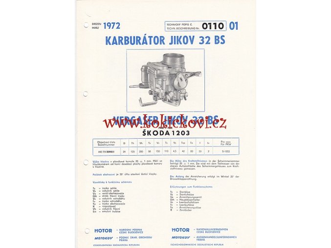 ŠKODA 1203 - KARBURÁTOR JIKOV - TECHNICKÝ POPIS - A4