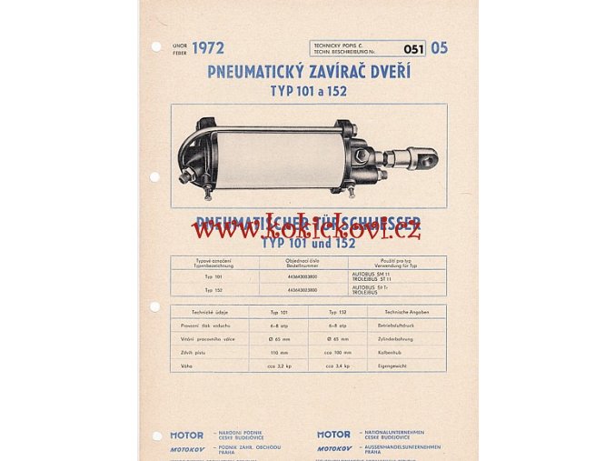 PNEUMATICKÝ ZAVÍRAČ DVEŘÍ TYP 101 A 152 - TECHNICKÝ POPIS - A4