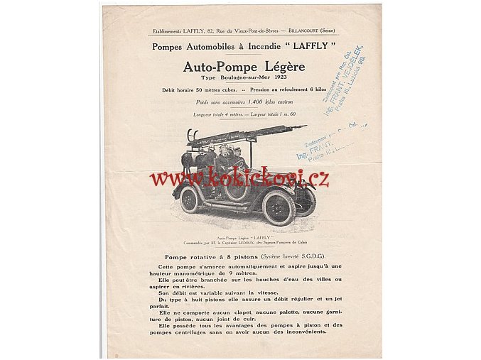 AUTO POMPE LÉGERE LAFFLY type Boulogne sur Mer - REKLAMNÍ PROSPEKT 1923