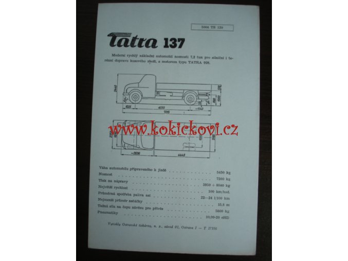 TATRA 137  - TECHNICKÝ LIST - LETÁK - 1 LIST A5