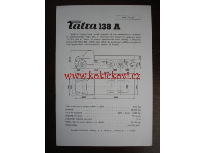 TATRA 138 A - TECHNICKÝ LIST - LETÁK - 1 LIST A5