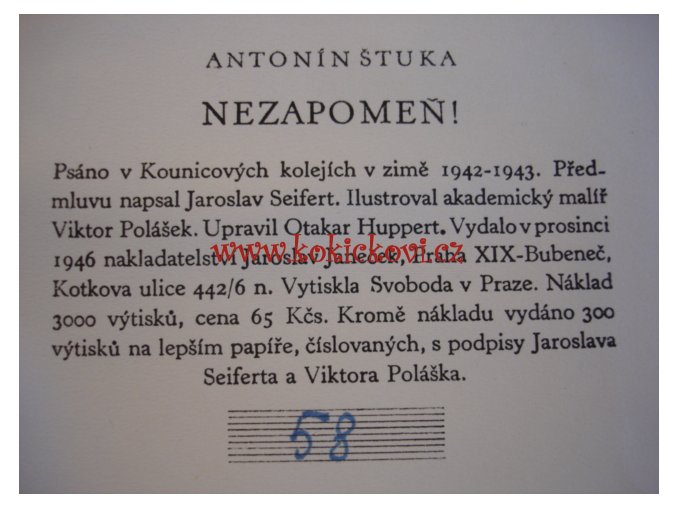 Nezapomeň - 1946 - ČÍSLOVANÝ VÝTISK S PODPISY JAROSLAV SEIFERT A VIKTOR POLÁŠEK