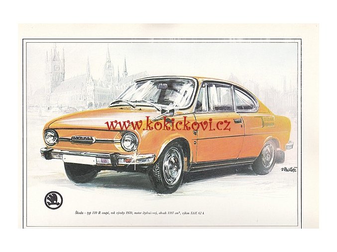 ŠKODA 110 R COUPÉ - REKLAMNÍ KRESBA REPRODUKCE - VLADIMÍR BIDLO - 1972