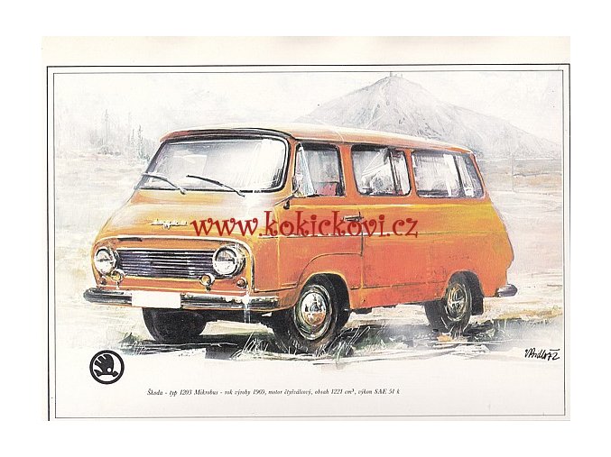 ŠKODA 1203 MIKROBUS - REKLAMNÍ KRESBA REPRODUKCE - VLADIMÍR BIDLO - 1972