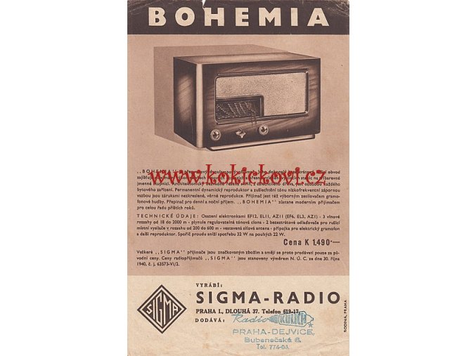 SIGMA RADIO - BOHEMIA - REKLAMNÍ LETÁK - A5 - 1 LIST - 1940 - OTRHANÉ OKRAJE