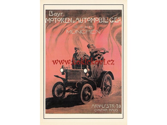 BAYR - MOTOREN UND AUTOMOBIL - REKLAMNÍ MOTIV PŘED R. 1900 ZE SBÍREK SVČ. MUZEA LIBEREC ROZMĚRY 14,5*20,5 CM