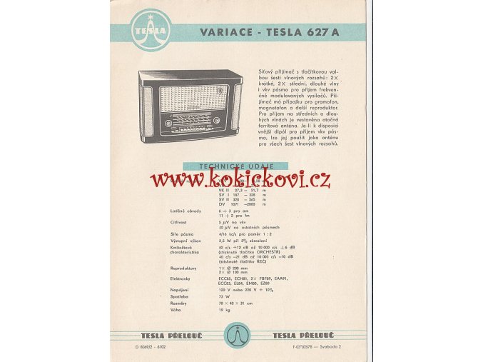 VARIACE - TESLA 627 A - REKLAMNÍ LETÁK - TESLA PŘELOUČ