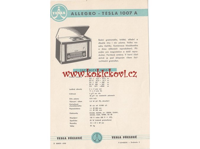 ALLEGRO- TESLA 1007 A - REKLAMNÍ LETÁK - TESLA PŘELOUČ